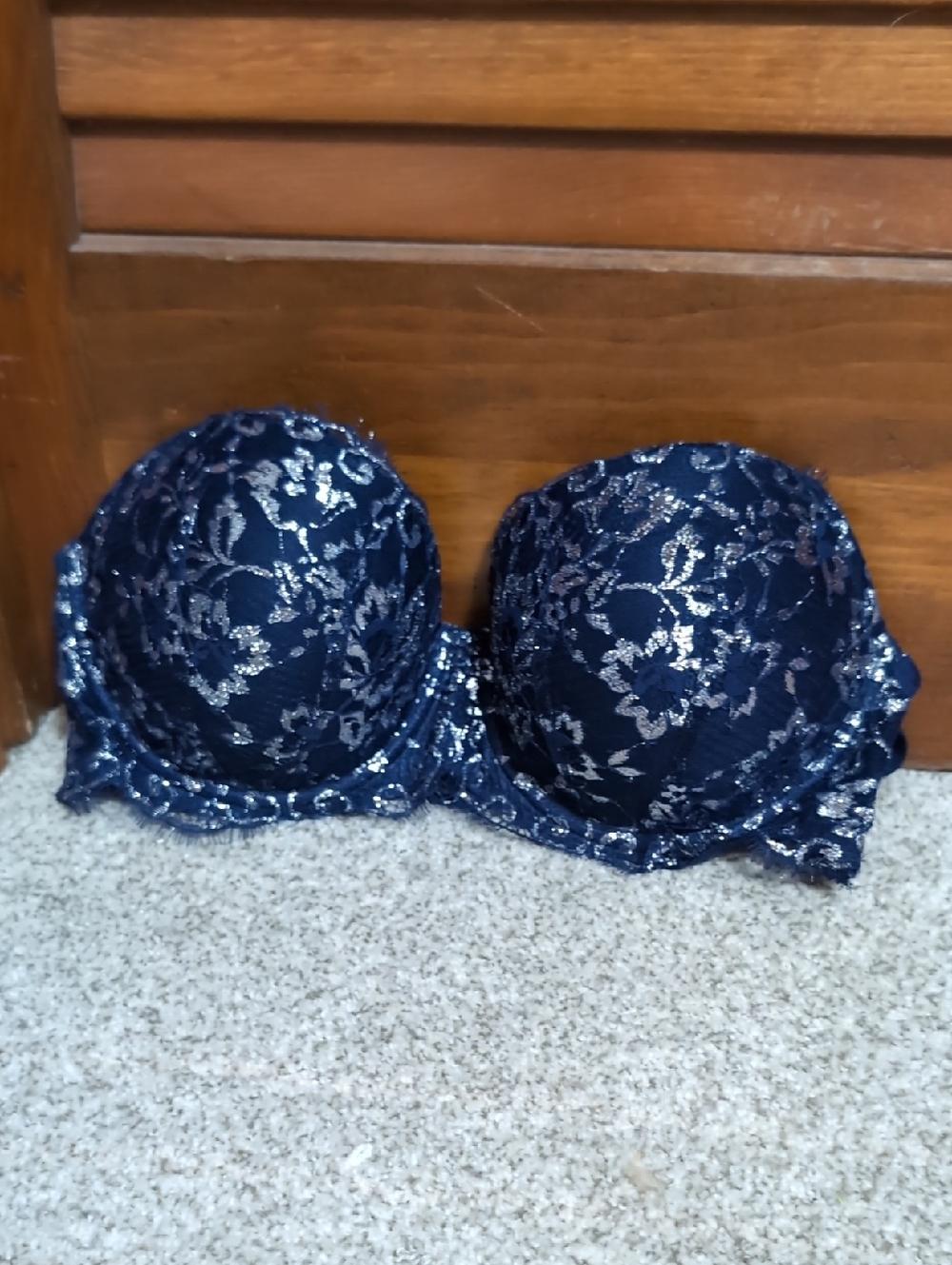 Victoria's Secret Navy Strapless Lace Bra with Silver Floral Detail